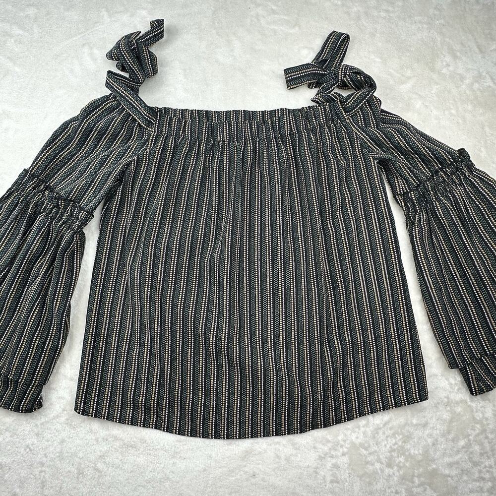 Kontrol Contemporary Green Stripe Peasant Off Shoulder Top Flared Sleeves Medium